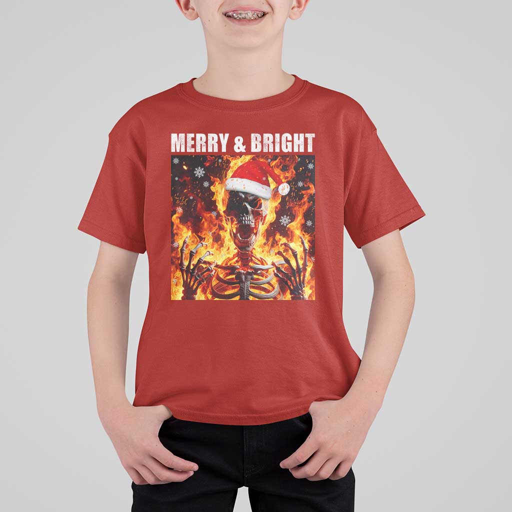 Funny Merry And Bright T Shirt For Kid Christmas Chaos Xmas Skeleton Fire Flames - Wonder Print Shop