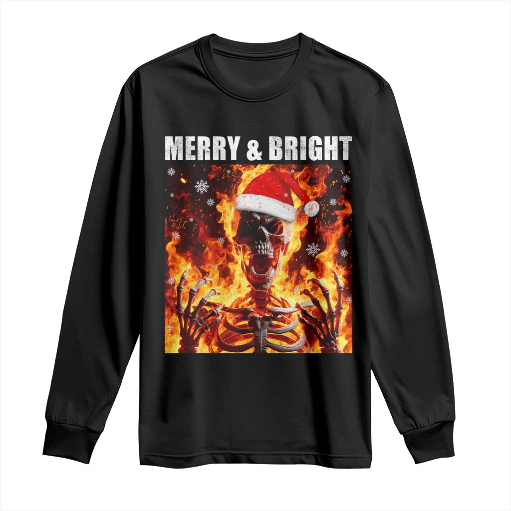 Funny Merry And Bright Long Sleeve Shirt Christmas Chaos Xmas Skeleton Fire Flames - Wonder Print Shop