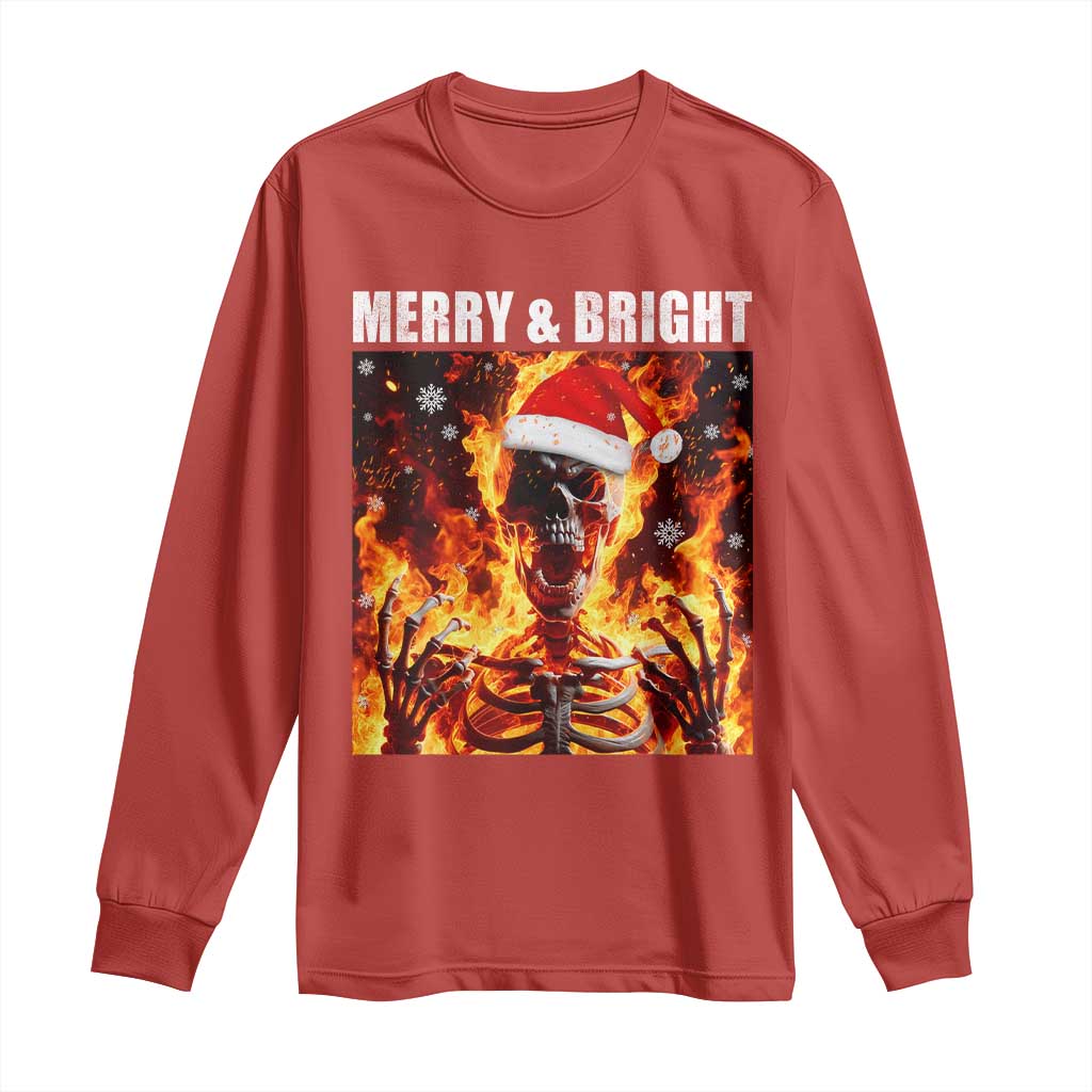 Funny Merry And Bright Long Sleeve Shirt Christmas Chaos Xmas Skeleton Fire Flames - Wonder Print Shop