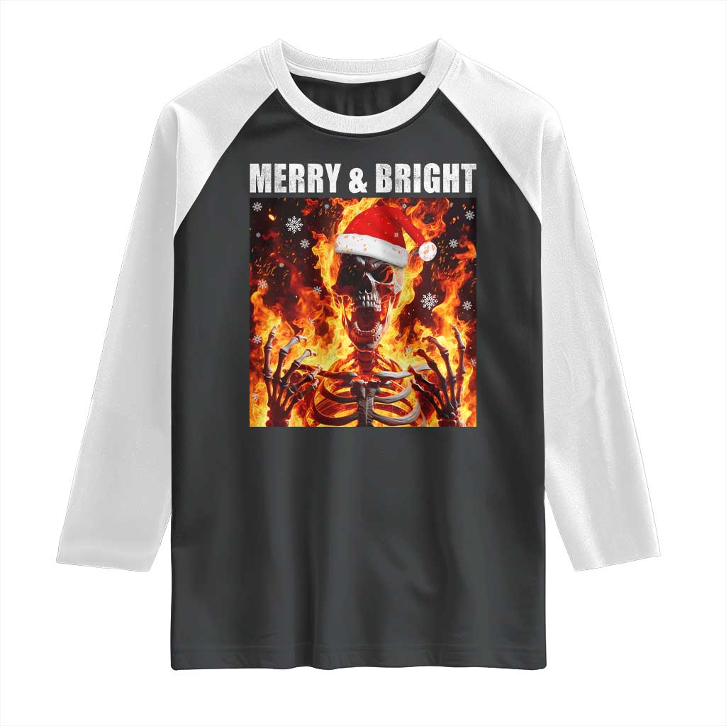 Funny Merry And Bright Raglan Shirt Christmas Chaos Xmas Skeleton Fire Flames - Wonder Print Shop