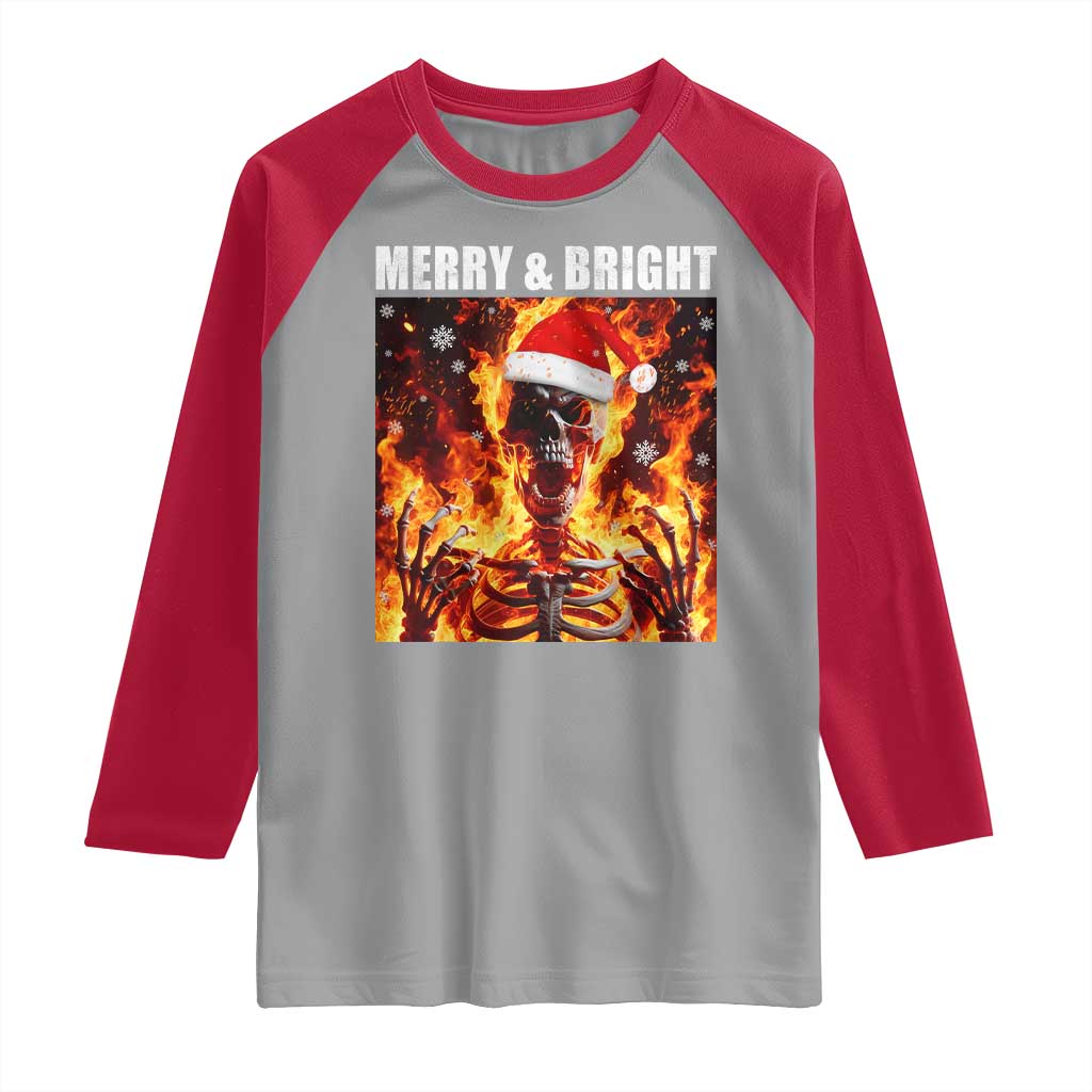 Funny Merry And Bright Raglan Shirt Christmas Chaos Xmas Skeleton Fire Flames - Wonder Print Shop