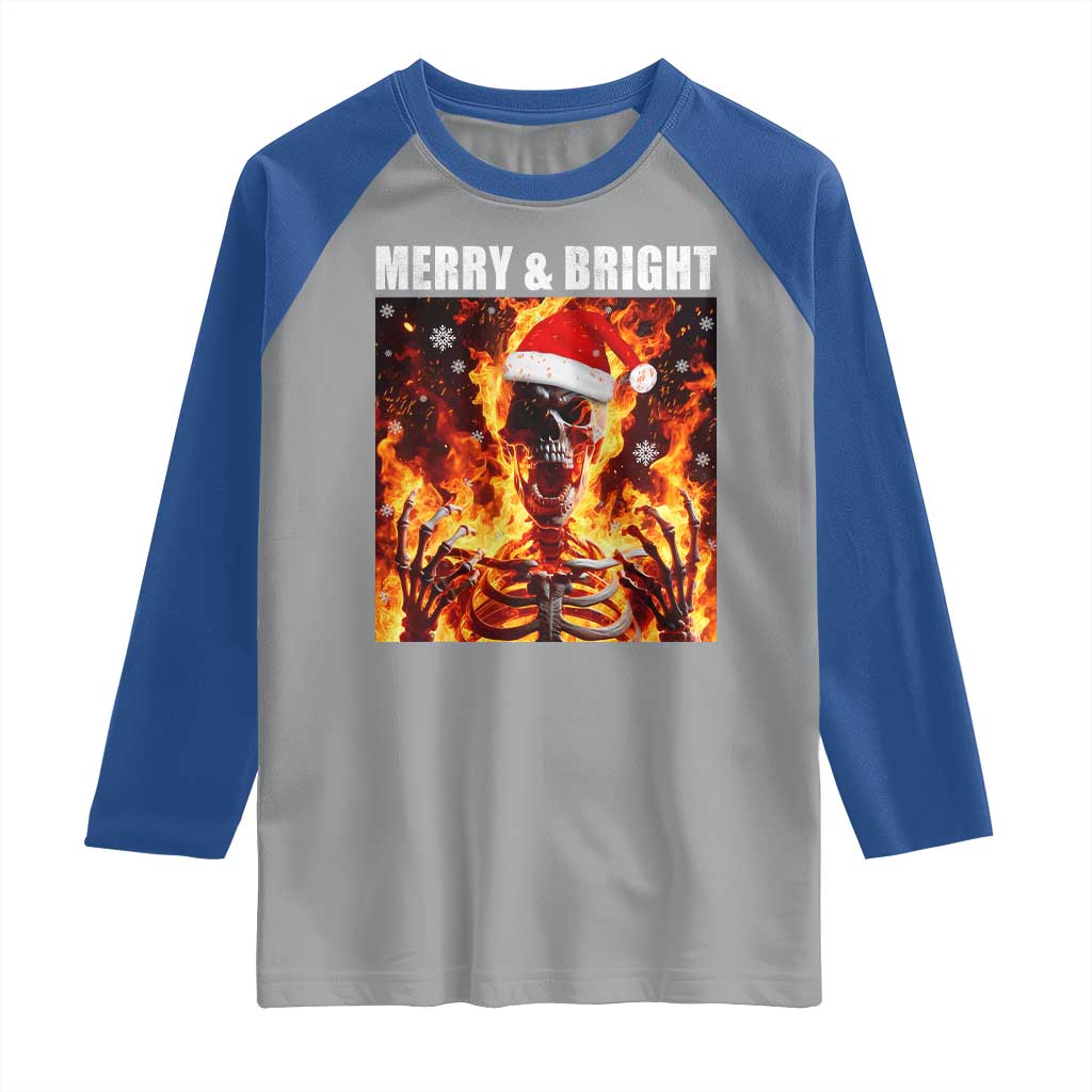 Funny Merry And Bright Raglan Shirt Christmas Chaos Xmas Skeleton Fire Flames - Wonder Print Shop