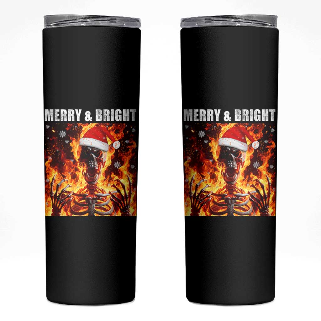 Funny Merry And Bright Skinny Tumbler Christmas Chaos Xmas Skeleton Fire Flames - Wonder Print Shop