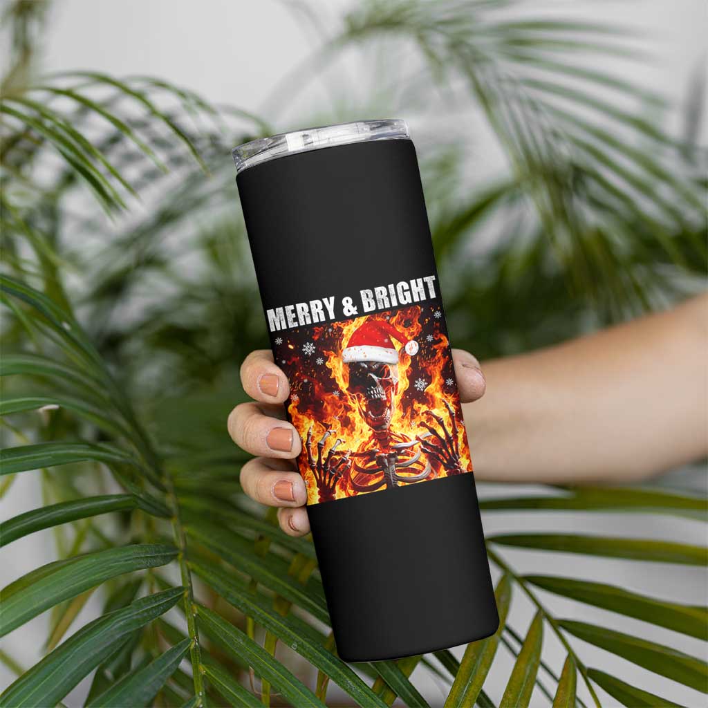 Funny Merry And Bright Skinny Tumbler Christmas Chaos Xmas Skeleton Fire Flames - Wonder Print Shop