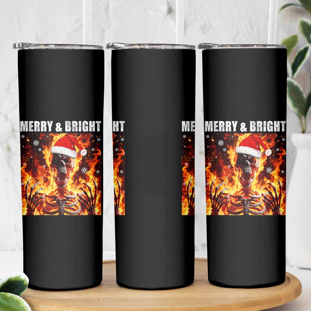 Funny Merry And Bright Skinny Tumbler Christmas Chaos Xmas Skeleton Fire Flames - Wonder Print Shop