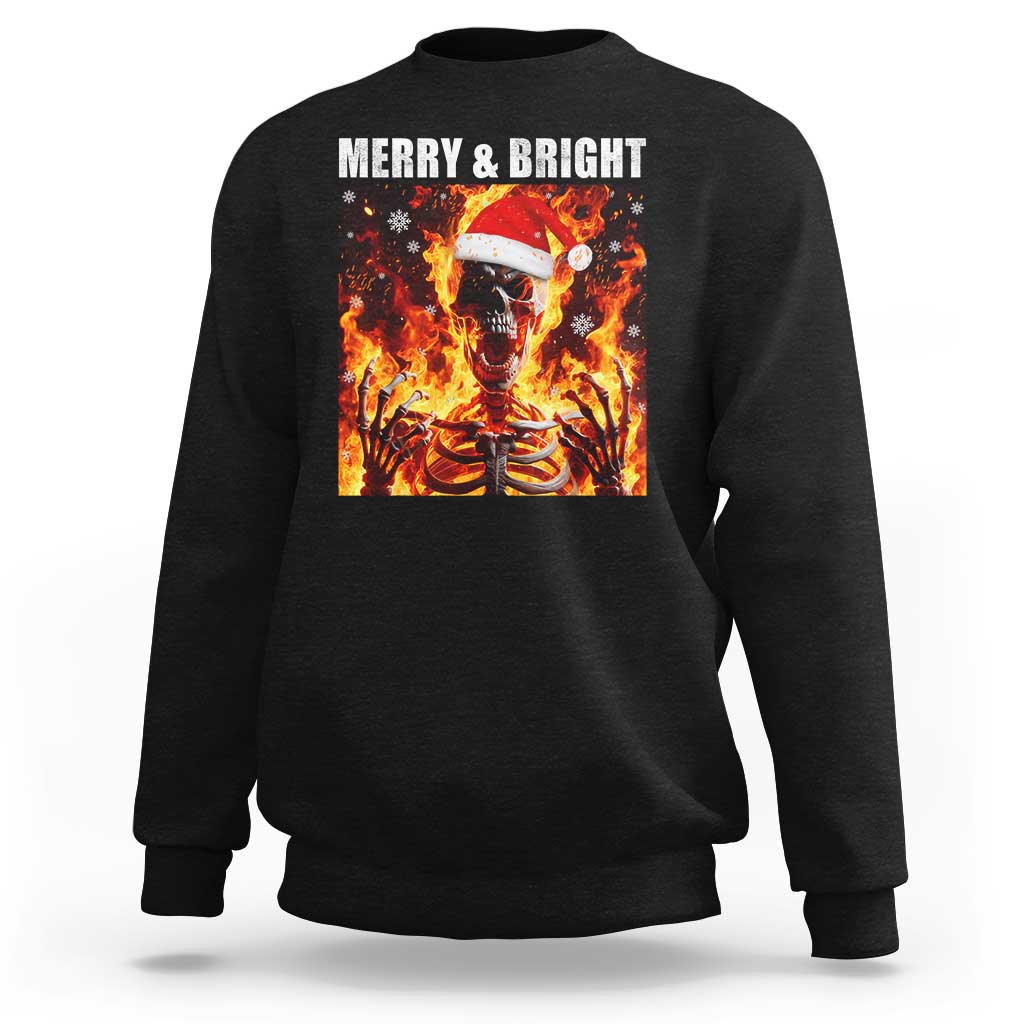 Funny Merry And Bright Sweatshirt Christmas Chaos Xmas Skeleton Fire Flames - Wonder Print Shop