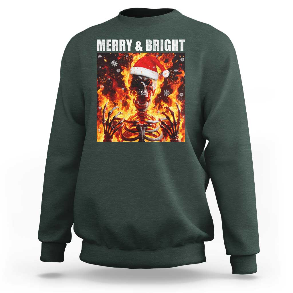 Funny Merry And Bright Sweatshirt Christmas Chaos Xmas Skeleton Fire Flames - Wonder Print Shop