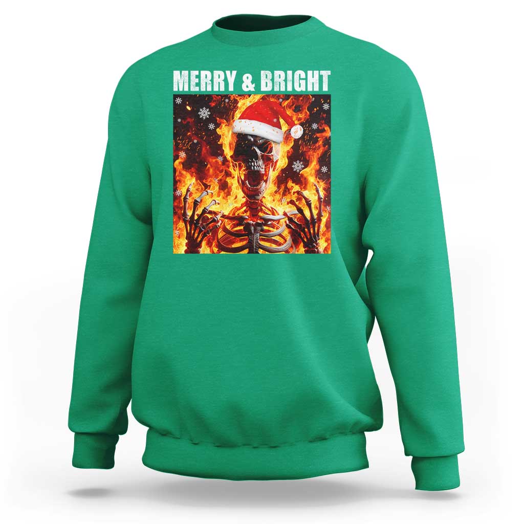Funny Merry And Bright Sweatshirt Christmas Chaos Xmas Skeleton Fire Flames - Wonder Print Shop