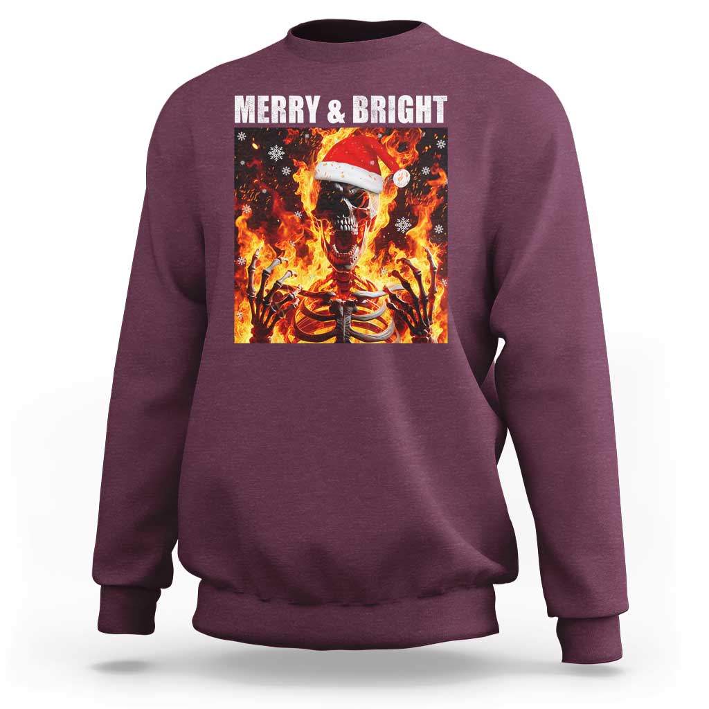 Funny Merry And Bright Sweatshirt Christmas Chaos Xmas Skeleton Fire Flames - Wonder Print Shop