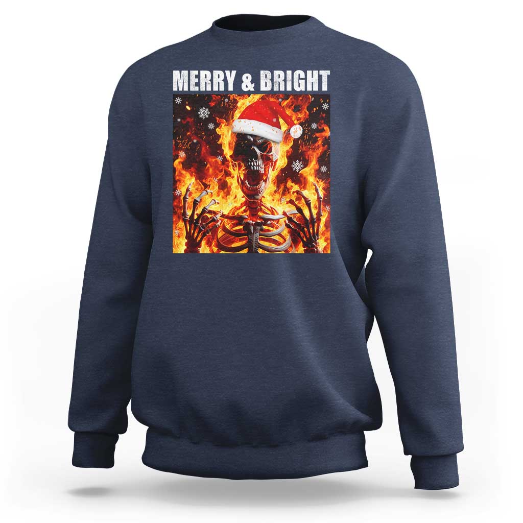 Funny Merry And Bright Sweatshirt Christmas Chaos Xmas Skeleton Fire Flames - Wonder Print Shop