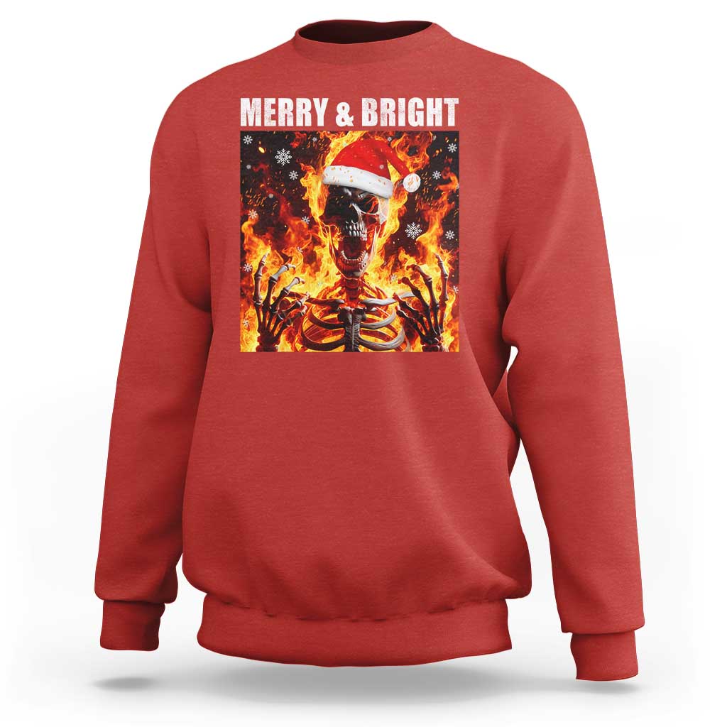 Funny Merry And Bright Sweatshirt Christmas Chaos Xmas Skeleton Fire Flames - Wonder Print Shop