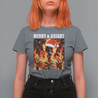 Funny Merry And Bright T Shirt For Women Christmas Chaos Xmas Skeleton Fire Flames - Wonder Print Shop