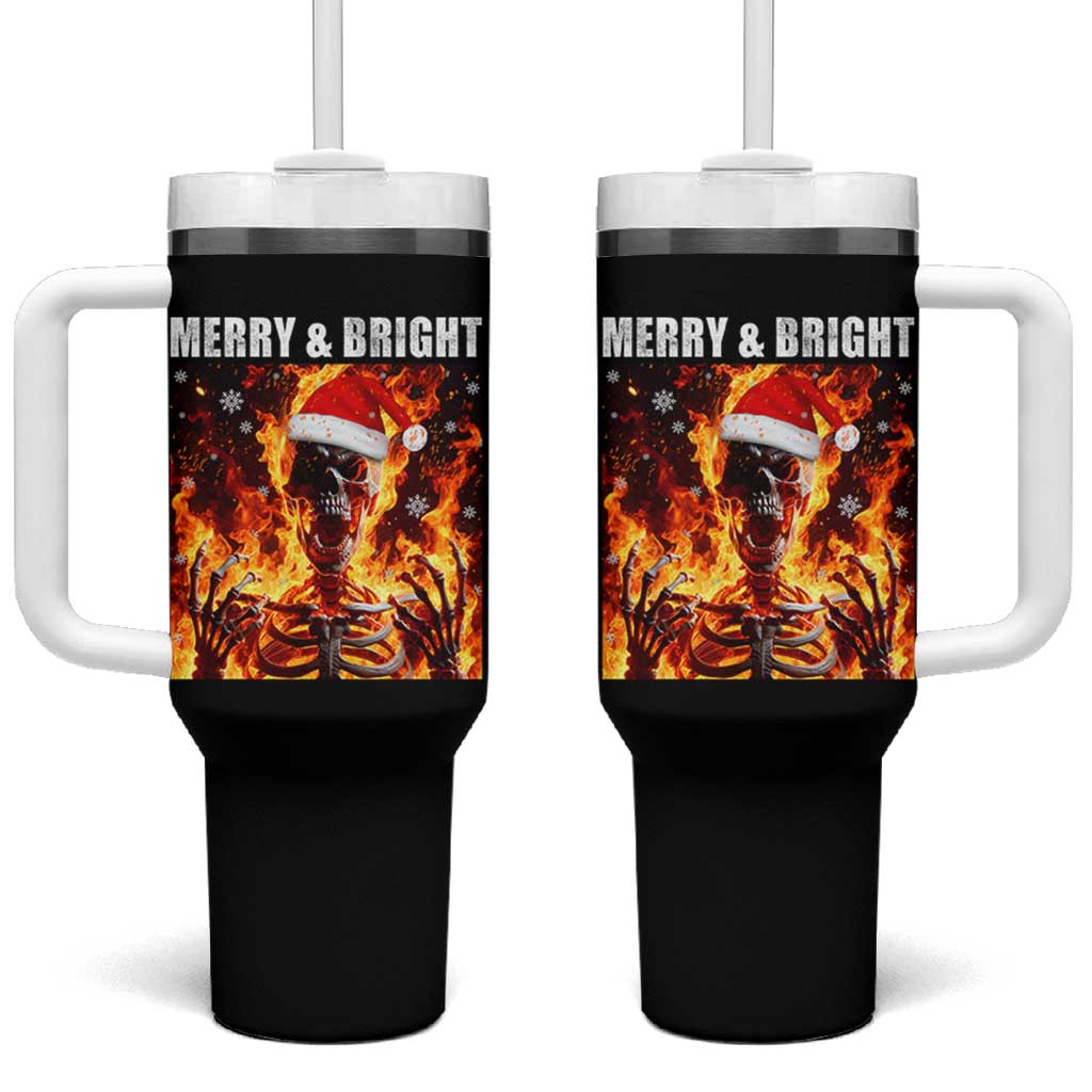Funny Merry And Bright Tumbler With Handle Christmas Chaos Xmas Skeleton Fire Flames - Wonder Print Shop