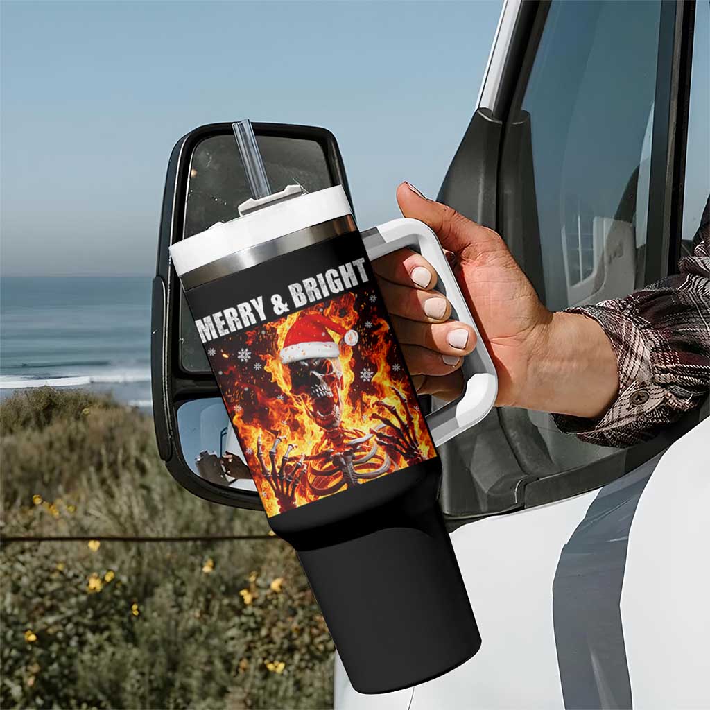 Funny Merry And Bright Tumbler With Handle Christmas Chaos Xmas Skeleton Fire Flames - Wonder Print Shop