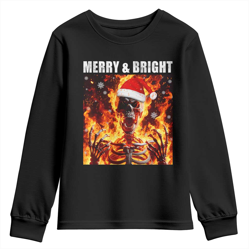 Funny Merry And Bright Youth Sweatshirt Christmas Chaos Xmas Skeleton Fire Flames - Wonder Print Shop