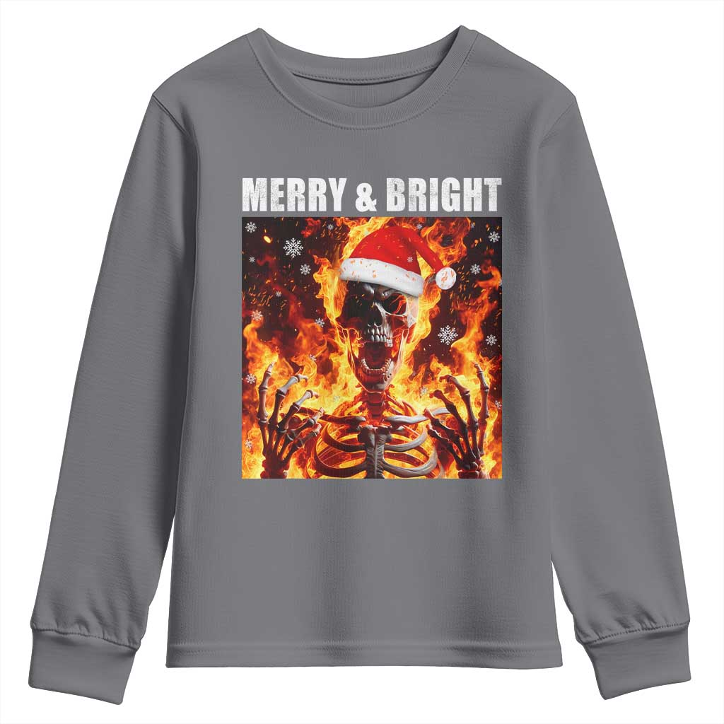 Funny Merry And Bright Youth Sweatshirt Christmas Chaos Xmas Skeleton Fire Flames - Wonder Print Shop