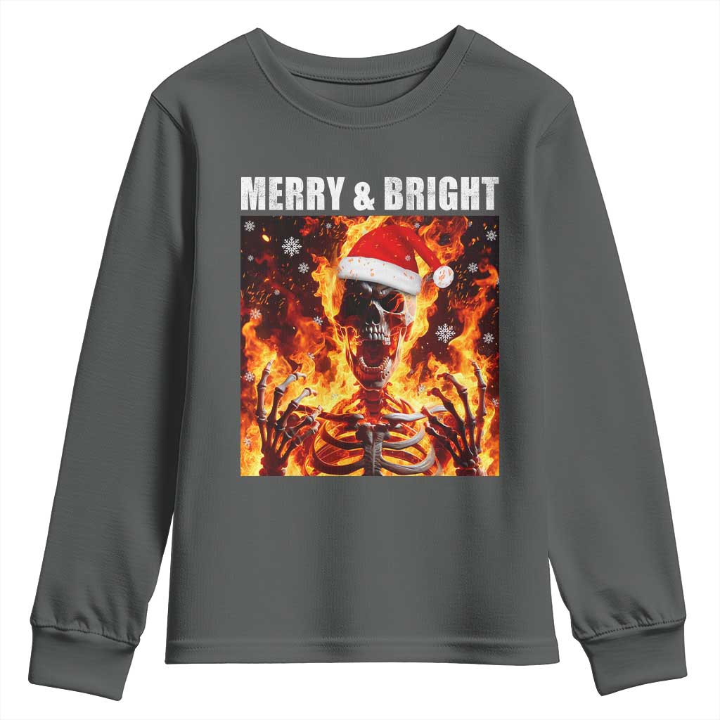 Funny Merry And Bright Youth Sweatshirt Christmas Chaos Xmas Skeleton Fire Flames - Wonder Print Shop