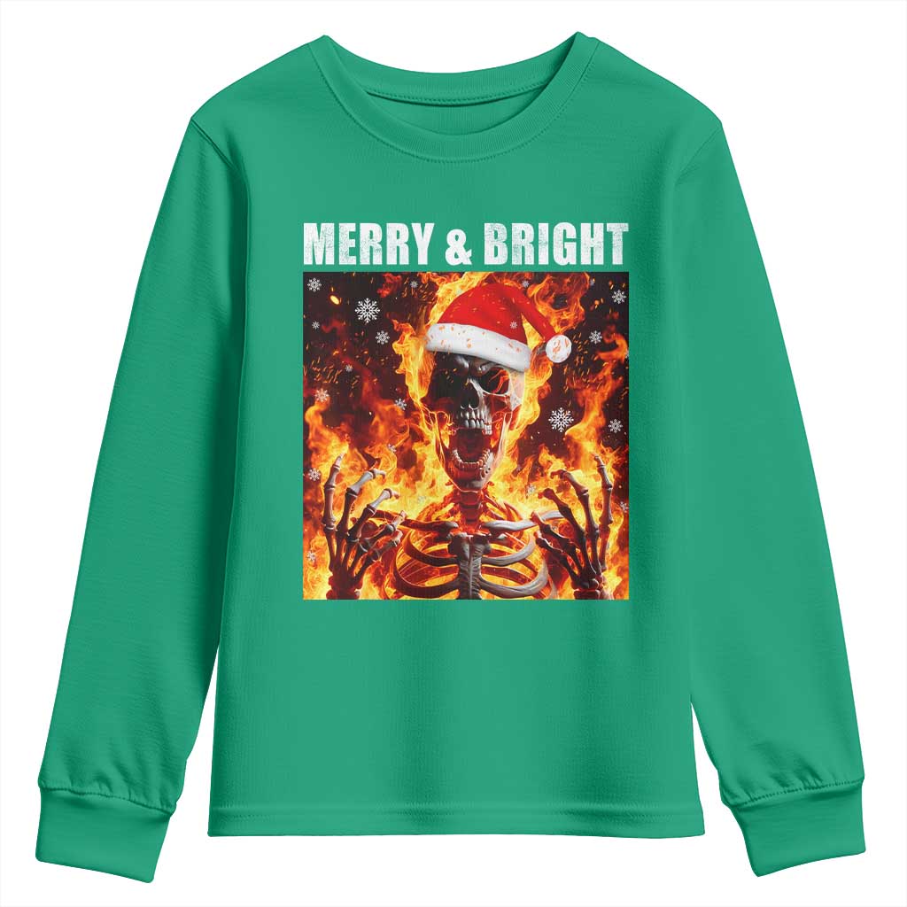 Funny Merry And Bright Youth Sweatshirt Christmas Chaos Xmas Skeleton Fire Flames - Wonder Print Shop