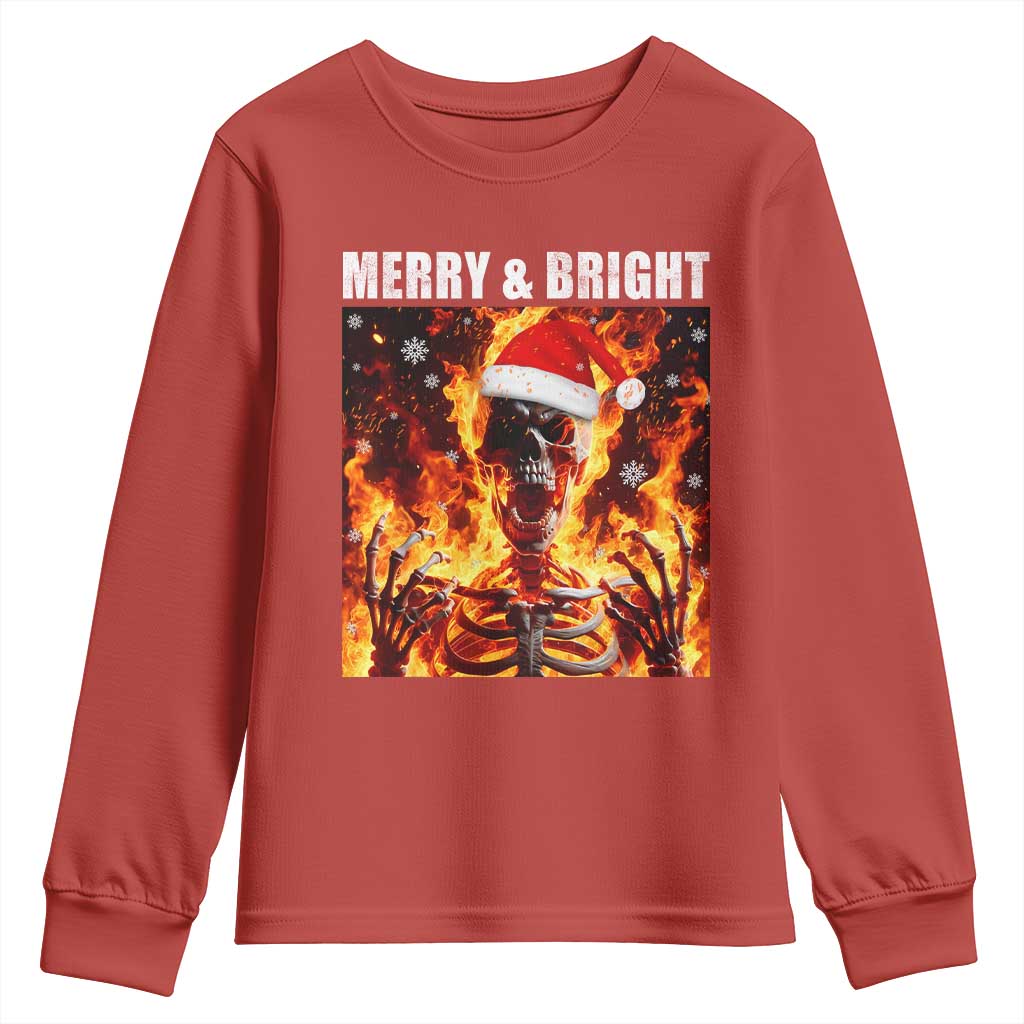 Funny Merry And Bright Youth Sweatshirt Christmas Chaos Xmas Skeleton Fire Flames - Wonder Print Shop