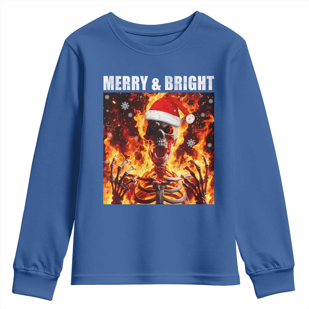 Funny Merry And Bright Youth Sweatshirt Christmas Chaos Xmas Skeleton Fire Flames - Wonder Print Shop
