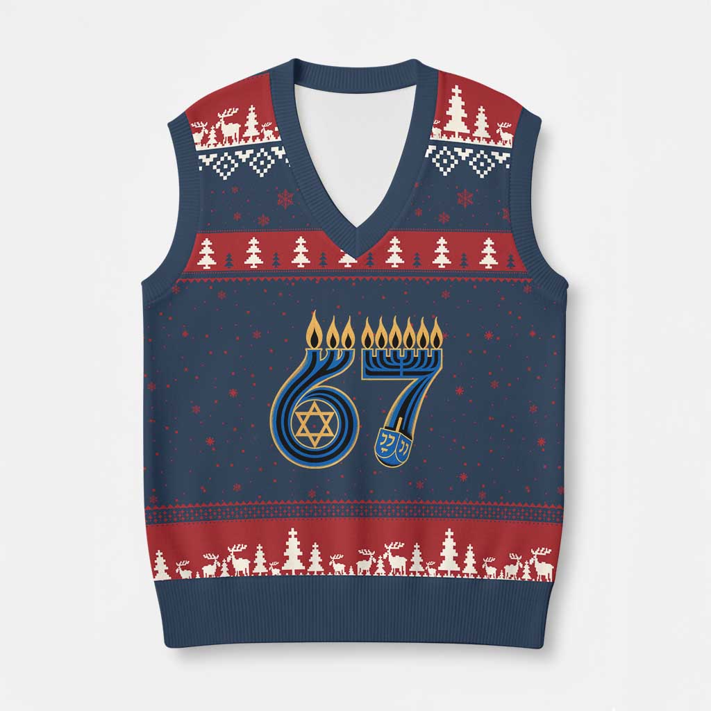 Funny 67 Hanukkah V-Neck Knit Sweater Vest Chanukah Menorah Dreidel Star Of David Six Seven Meme - Wonder Print Shop