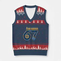 Funny 67 Hanukkah V-Neck Knit Sweater Vest Chanukah Menorah Dreidel Star Of David Six Seven Meme - Wonder Print Shop