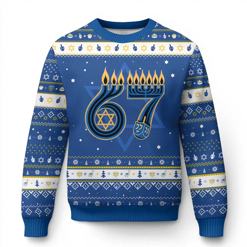 Funny 67 Chanukah Hanukkah Ugly Sweater Menorah Dreidel Star Of David Six Seven Meme - Wonder Print Shop
