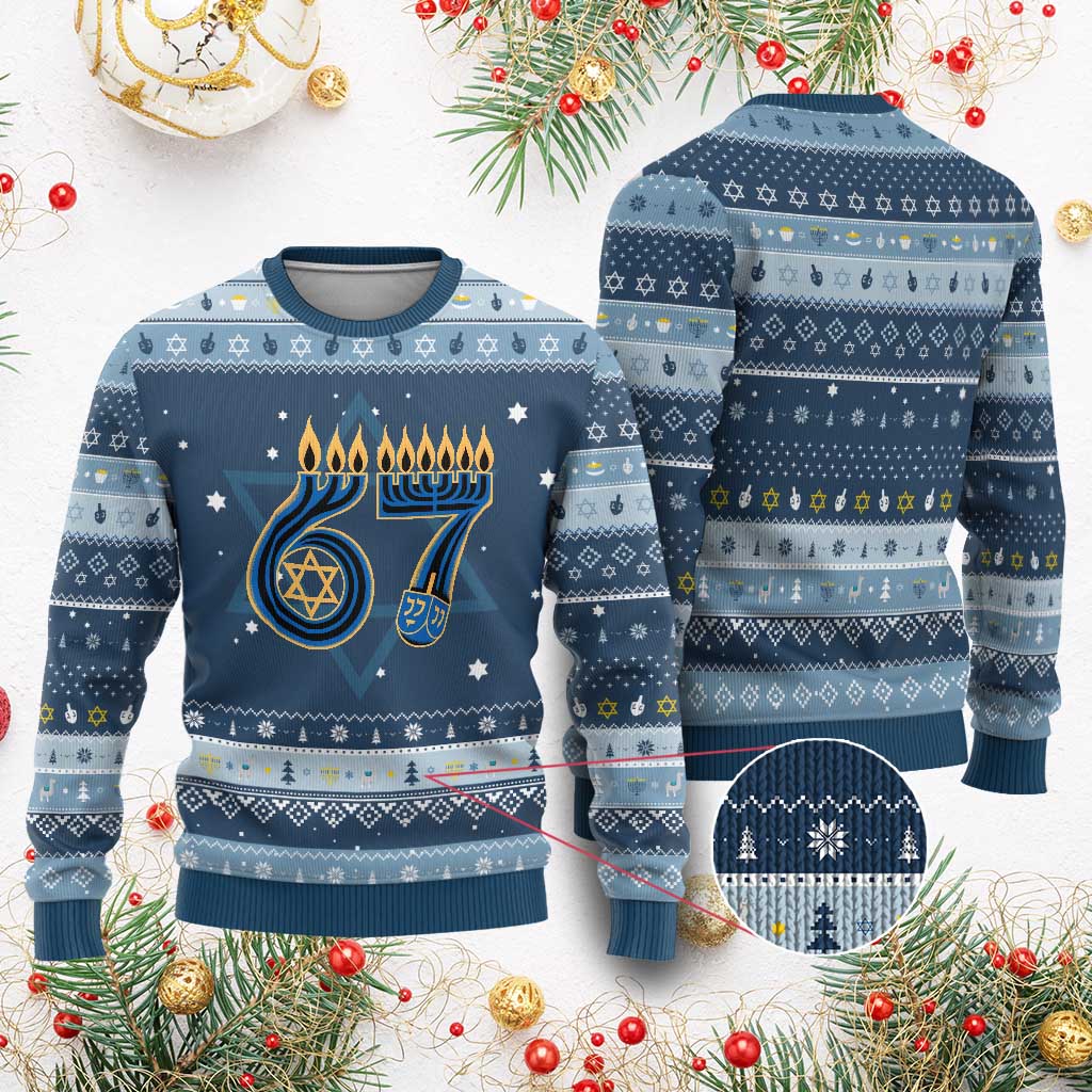 Funny 67 Chanukah Hanukkah Ugly Sweater Menorah Dreidel Star Of David Six Seven Meme - Wonder Print Shop