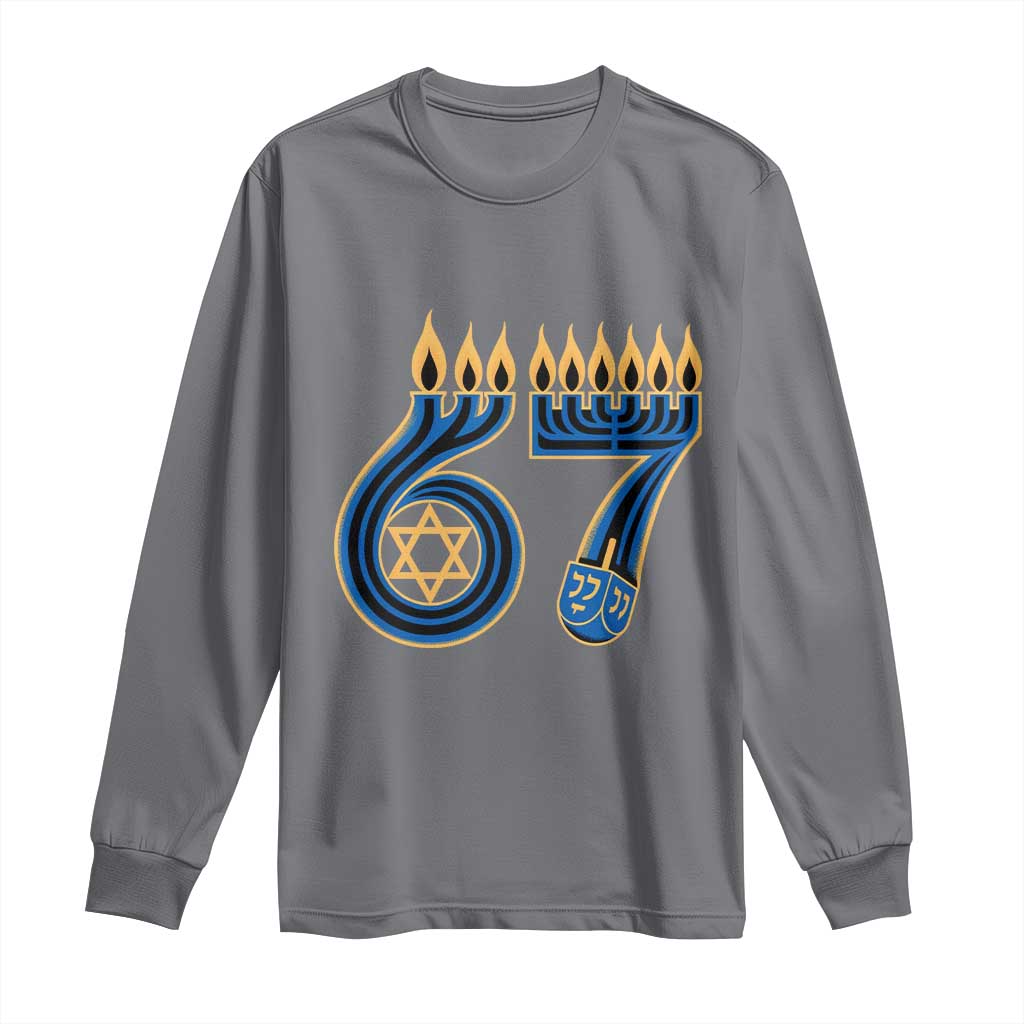 Funny 67 Hanukkah Long Sleeve Shirt Chanukah Menorah Dreidel Star Of David Six Seven Meme - Wonder Print Shop