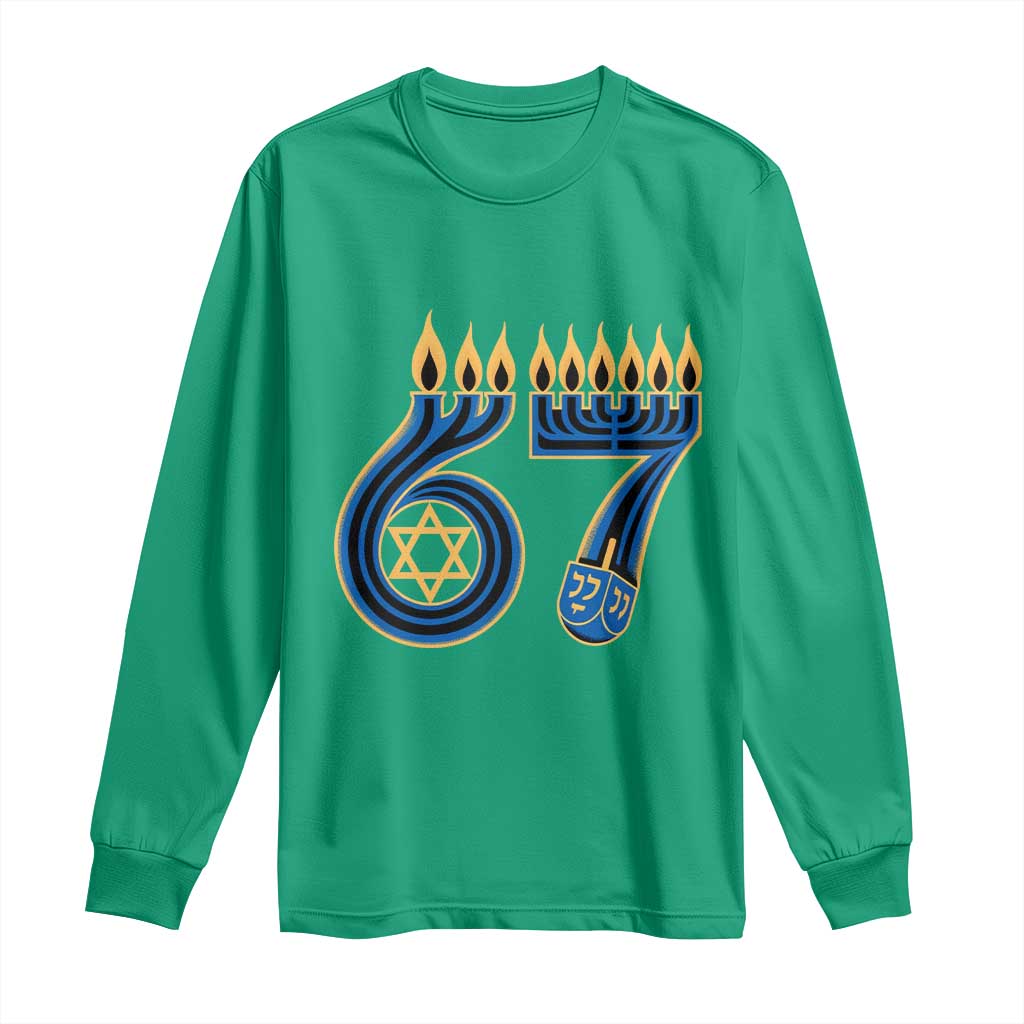 Funny 67 Hanukkah Long Sleeve Shirt Chanukah Menorah Dreidel Star Of David Six Seven Meme - Wonder Print Shop