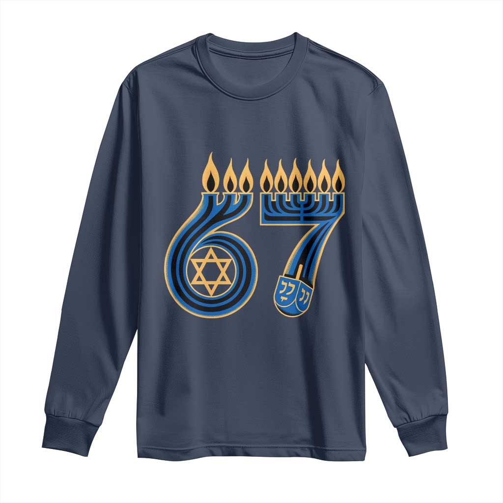 Funny 67 Hanukkah Long Sleeve Shirt Chanukah Menorah Dreidel Star Of David Six Seven Meme - Wonder Print Shop