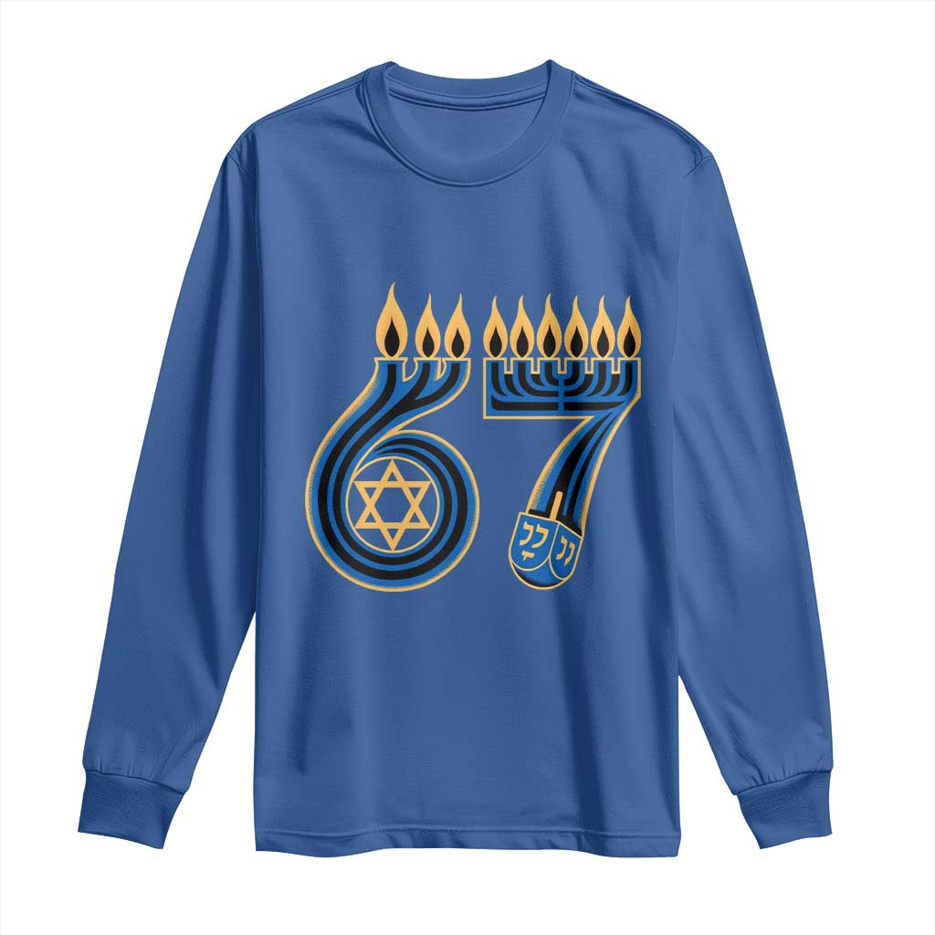 Funny 67 Hanukkah Long Sleeve Shirt Chanukah Menorah Dreidel Star Of David Six Seven Meme - Wonder Print Shop