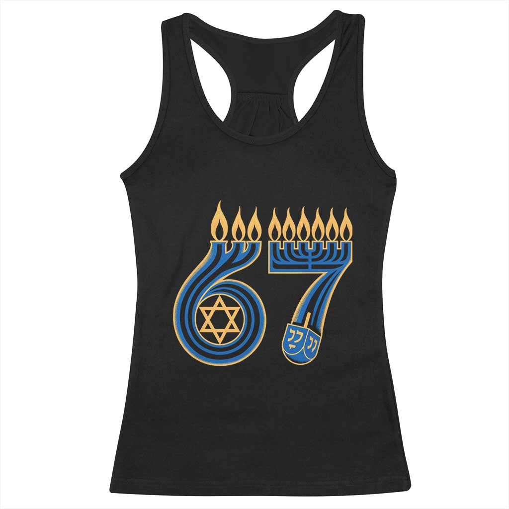 Funny 67 Hanukkah Racerback Tank Top Chanukah Menorah Dreidel Star Of David Six Seven Meme - Wonder Print Shop
