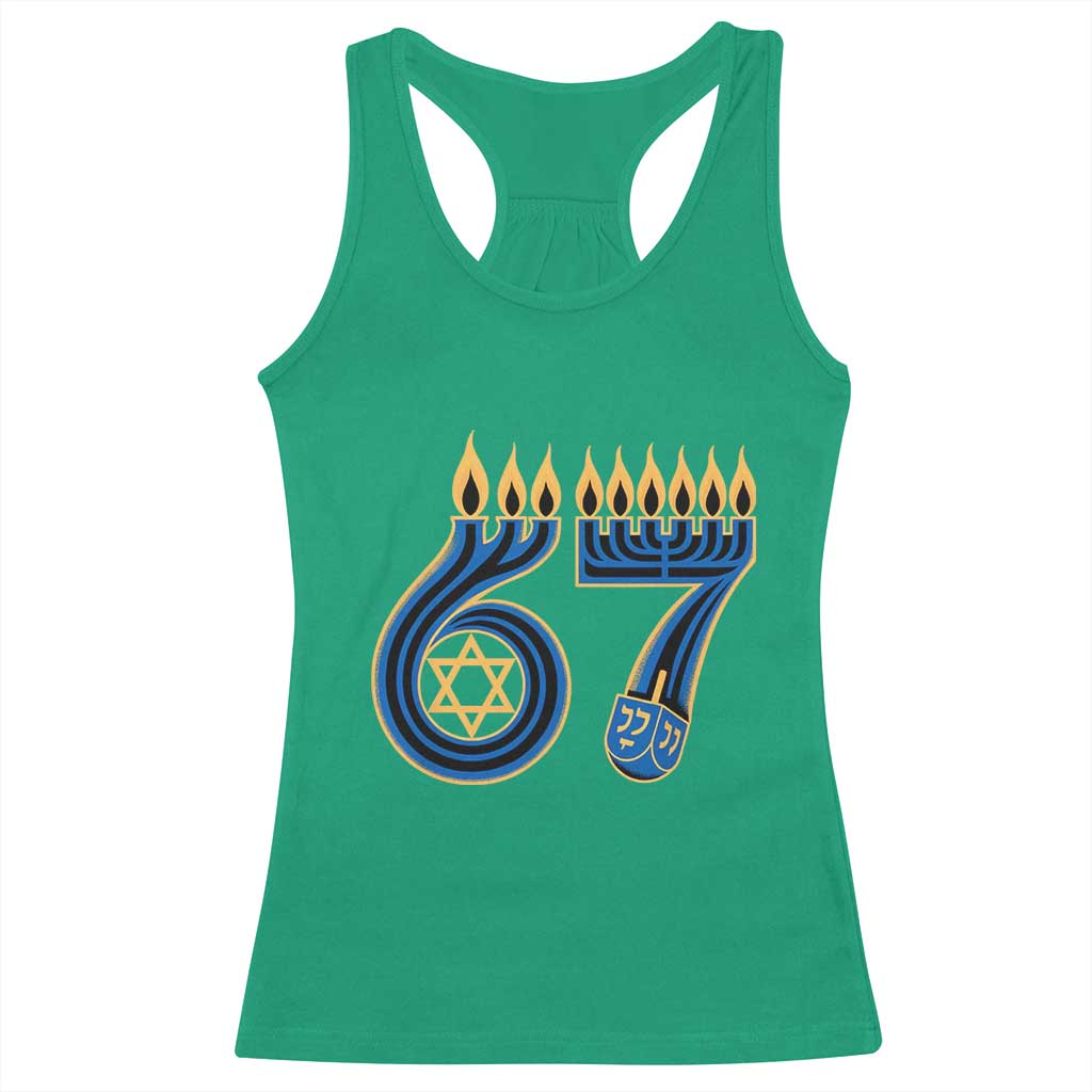 Funny 67 Hanukkah Racerback Tank Top Chanukah Menorah Dreidel Star Of David Six Seven Meme - Wonder Print Shop