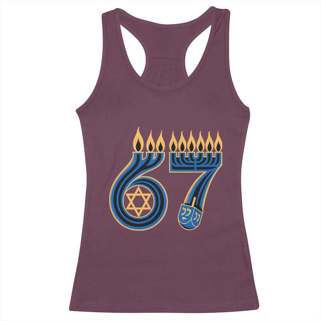 Funny 67 Hanukkah Racerback Tank Top Chanukah Menorah Dreidel Star Of David Six Seven Meme - Wonder Print Shop