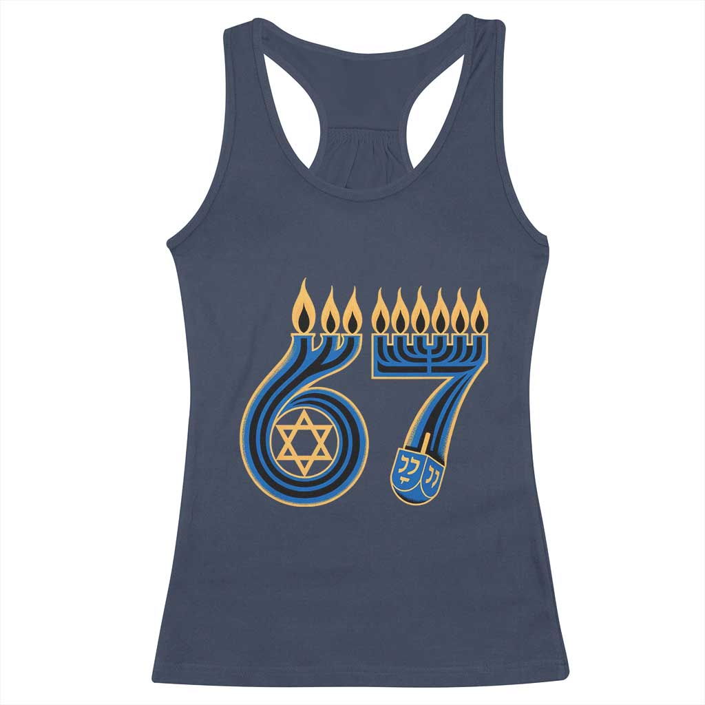 Funny 67 Hanukkah Racerback Tank Top Chanukah Menorah Dreidel Star Of David Six Seven Meme - Wonder Print Shop