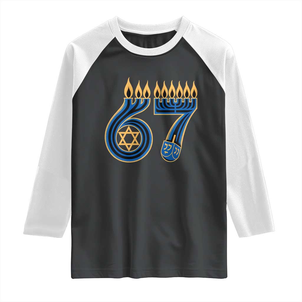 Funny 67 Hanukkah Raglan Shirt Chanukah Menorah Dreidel Star Of David Six Seven Meme - Wonder Print Shop