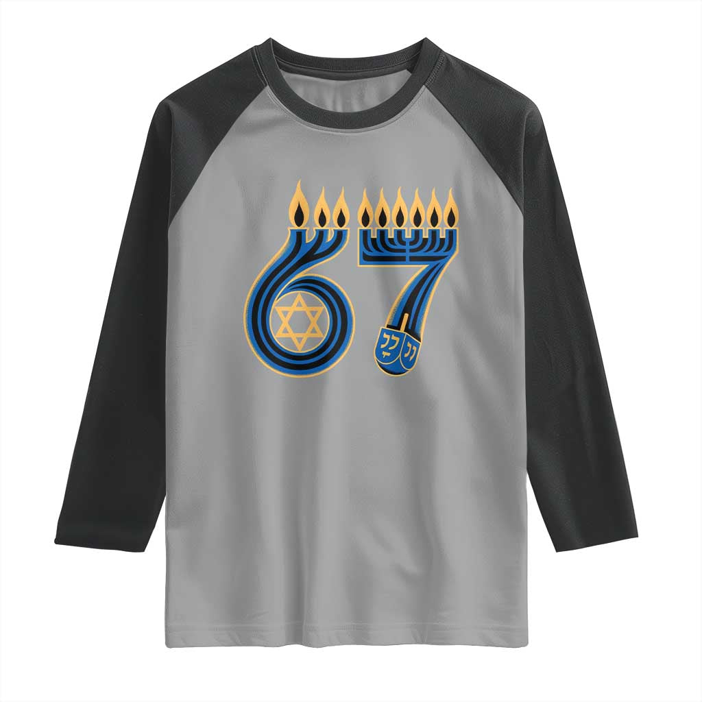 Funny 67 Hanukkah Raglan Shirt Chanukah Menorah Dreidel Star Of David Six Seven Meme - Wonder Print Shop