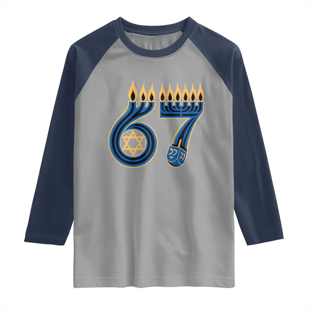 Funny 67 Hanukkah Raglan Shirt Chanukah Menorah Dreidel Star Of David Six Seven Meme - Wonder Print Shop
