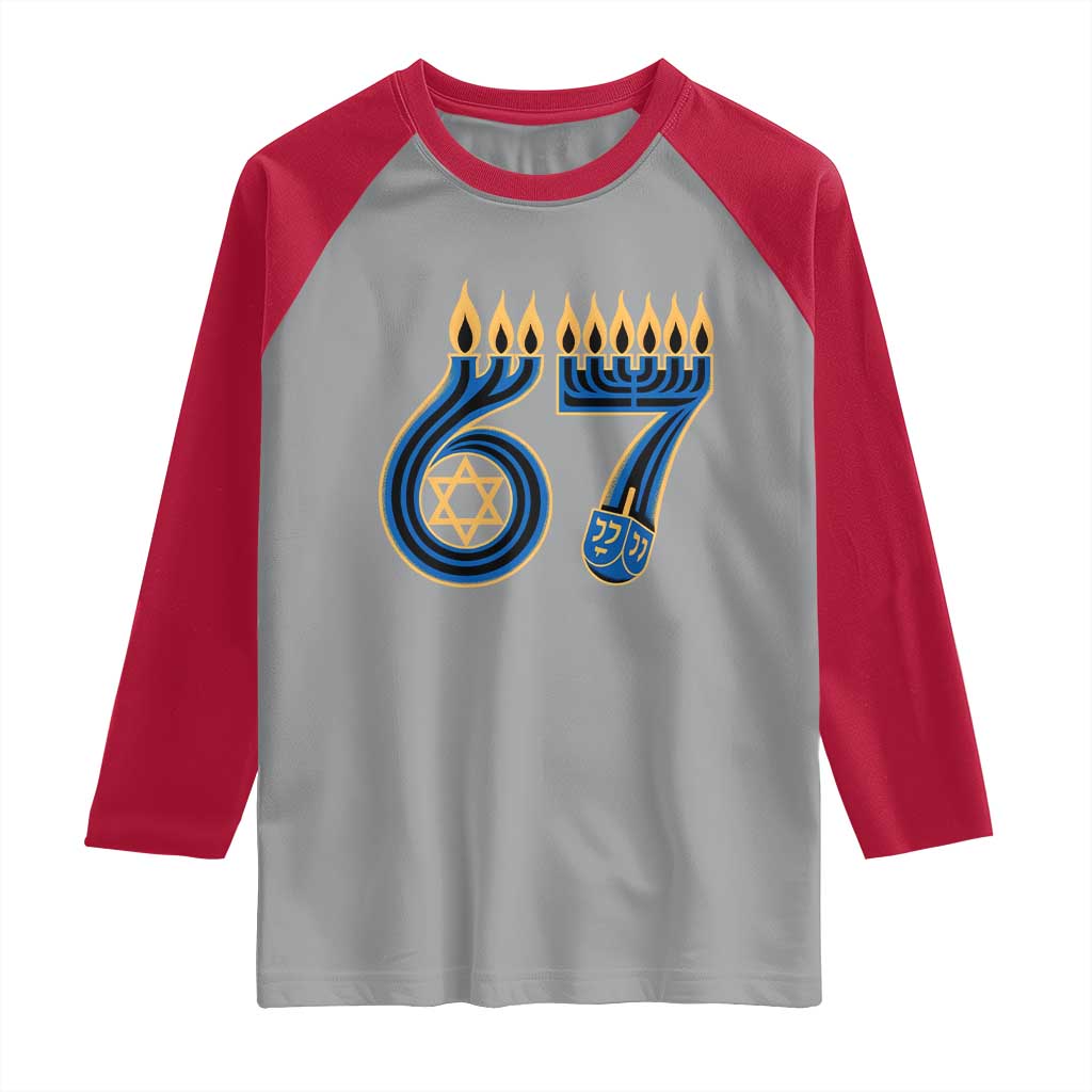 Funny 67 Hanukkah Raglan Shirt Chanukah Menorah Dreidel Star Of David Six Seven Meme - Wonder Print Shop