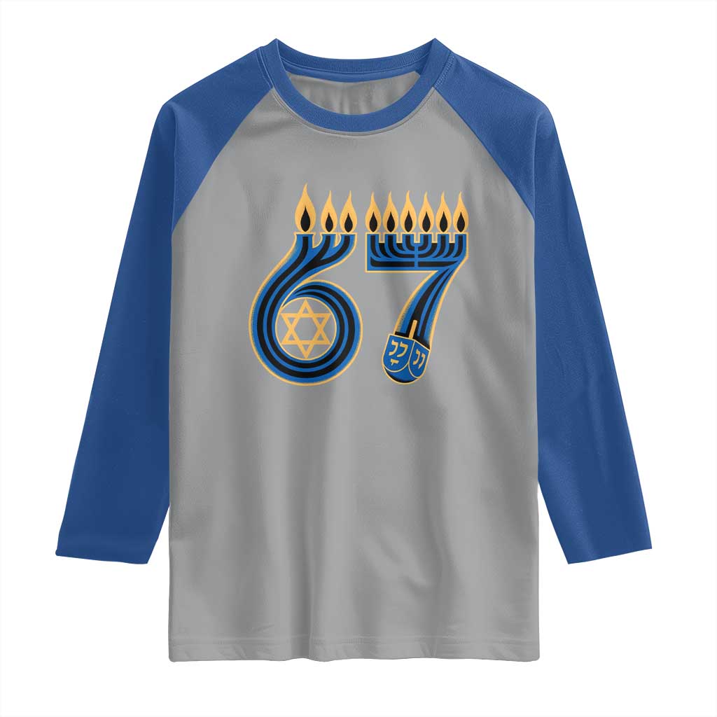 Funny 67 Hanukkah Raglan Shirt Chanukah Menorah Dreidel Star Of David Six Seven Meme - Wonder Print Shop