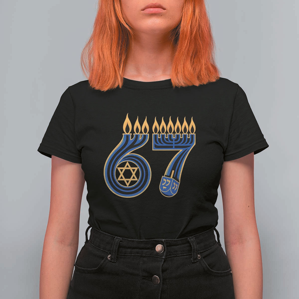 Funny 67 Hanukkah T Shirt For Women Chanukah Menorah Dreidel Star Of David Six Seven Meme - Wonder Print Shop