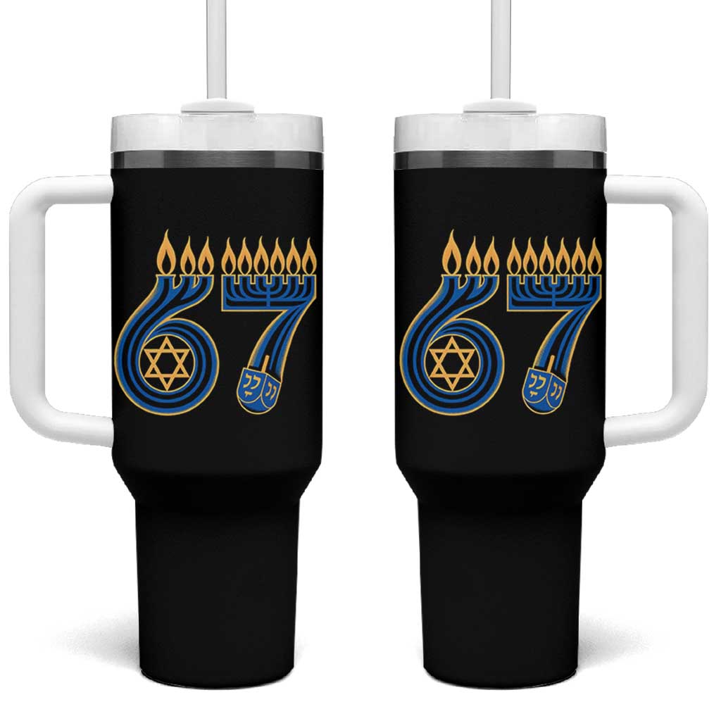 Funny 67 Hanukkah Tumbler With Handle Chanukah Menorah Dreidel Star Of David Six Seven Meme - Wonder Print Shop