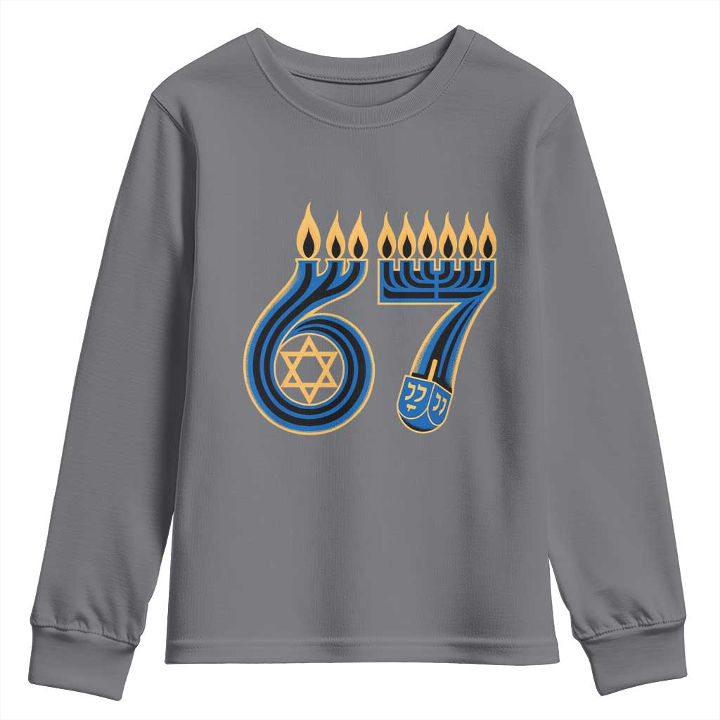 Funny 67 Hanukkah Youth Sweatshirt Chanukah Menorah Dreidel Star Of David Six Seven Meme - Wonder Print Shop