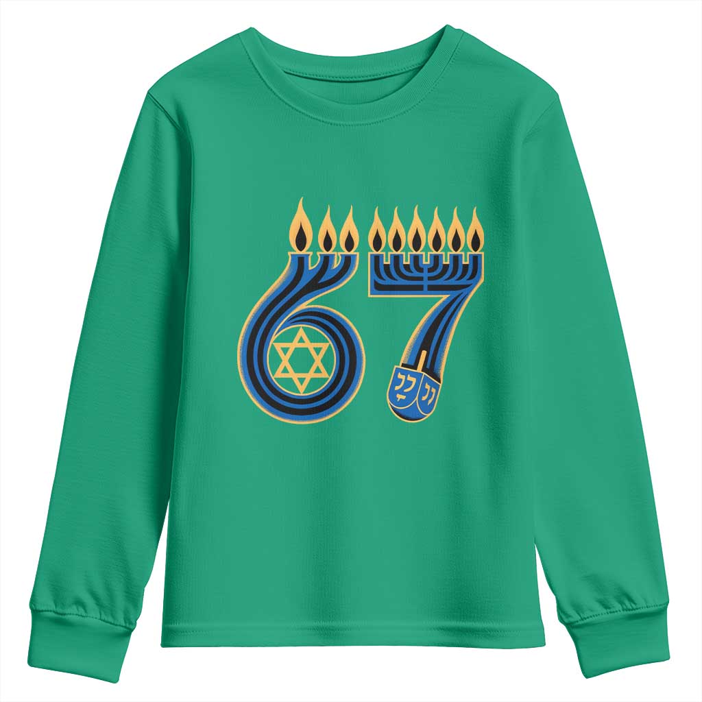 Funny 67 Hanukkah Youth Sweatshirt Chanukah Menorah Dreidel Star Of David Six Seven Meme - Wonder Print Shop