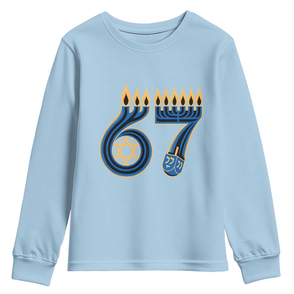 Funny 67 Hanukkah Youth Sweatshirt Chanukah Menorah Dreidel Star Of David Six Seven Meme - Wonder Print Shop