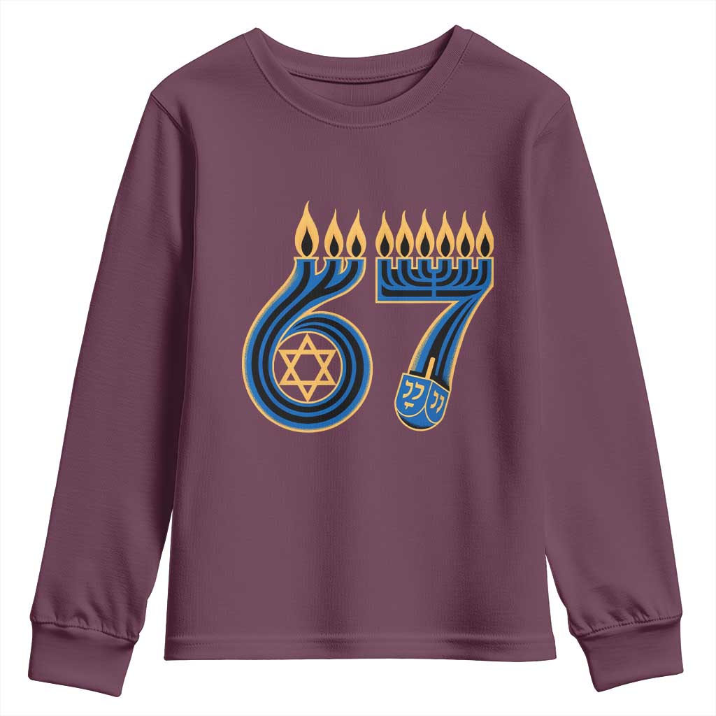Funny 67 Hanukkah Youth Sweatshirt Chanukah Menorah Dreidel Star Of David Six Seven Meme - Wonder Print Shop