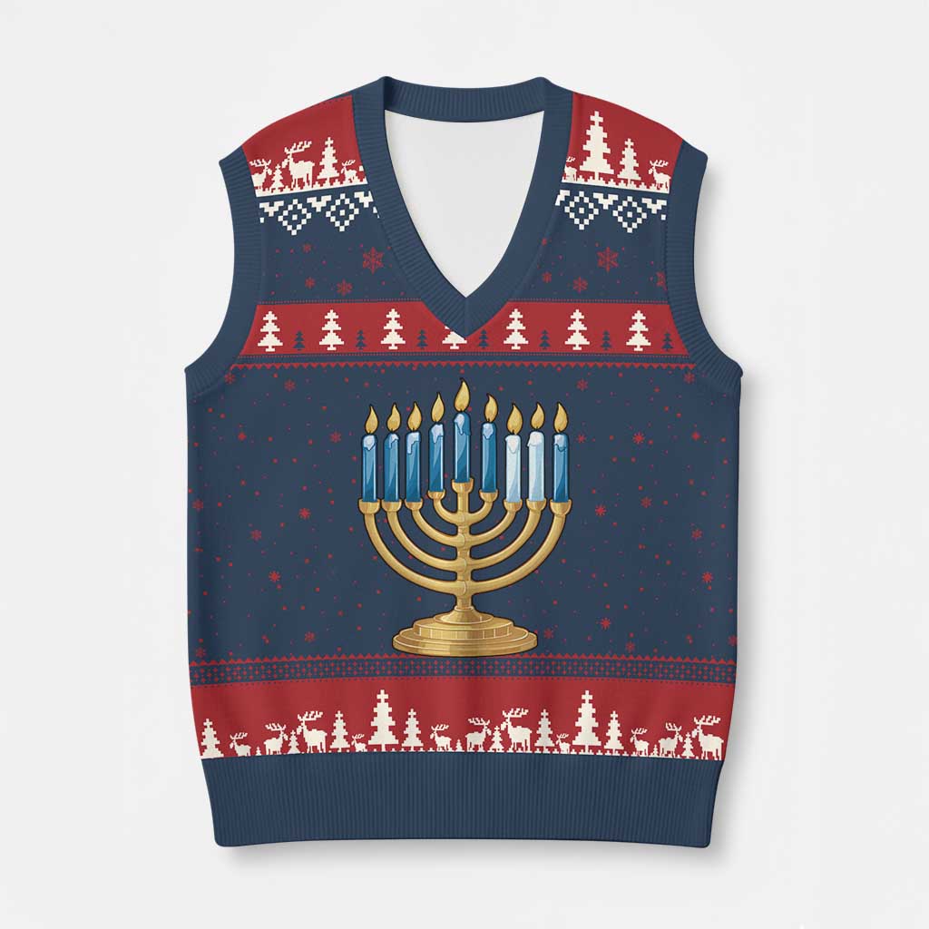 Funny 67 Hanukkah V-Neck Knit Sweater Vest Chanukah Menorah Sixth Seventh Night - Wonder Print Shop