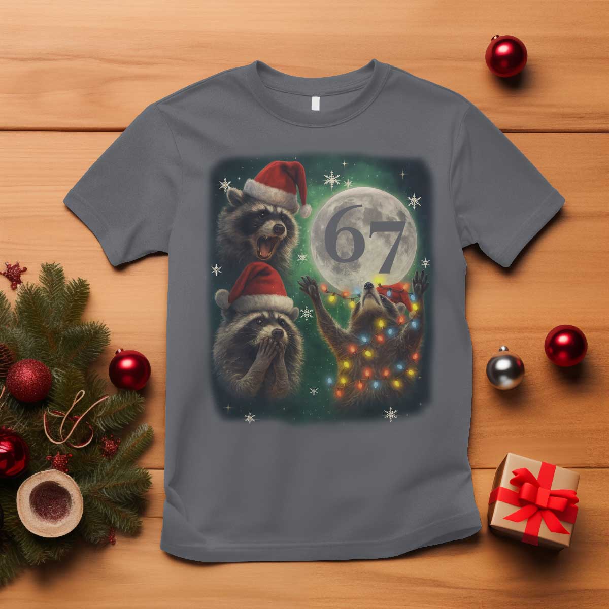 Funny Christmas Three Raccoons 67 T Shirt Trash Panda Moon Howling Six Seven Meme - Wonder Print Shop