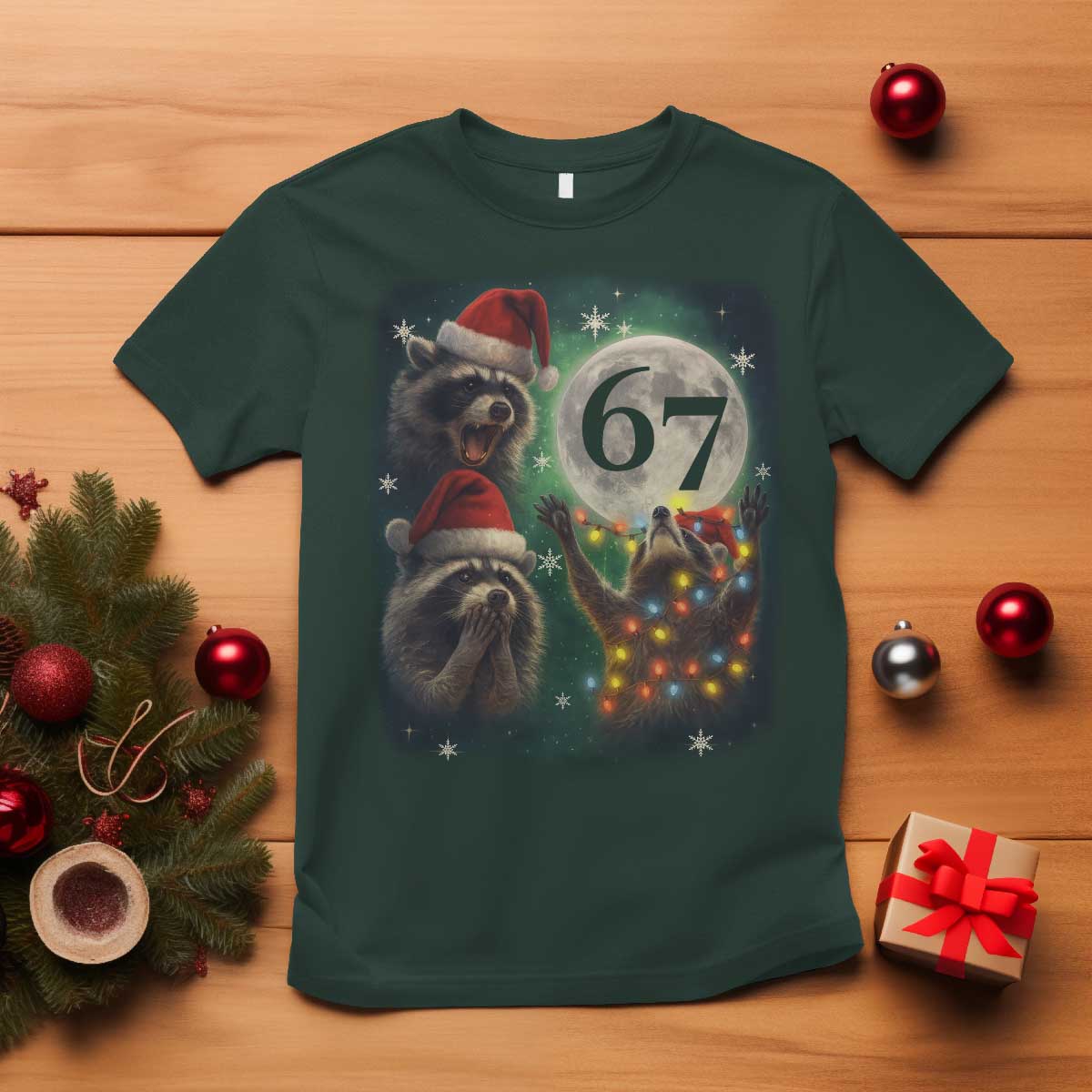 Funny Christmas Three Raccoons 67 T Shirt Trash Panda Moon Howling Six Seven Meme - Wonder Print Shop